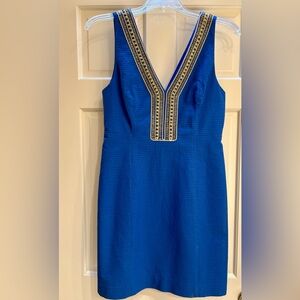 Lilly Pulitzer Blue and Gold Embellished Sheath Mini Dress
